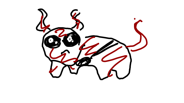 A creature looking similar to the autism creature. I has two curved horns and very bif black eyes. The mouth pulls down unhappily and it wears a black something (supposed to be a fanny back) around the middle. The tail curves up and has a red dot floating free near its end. The creaure is coloured in with a few red squiggles.